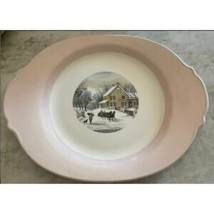 American Limoges Currier & Ives charcoal & pink platter plate